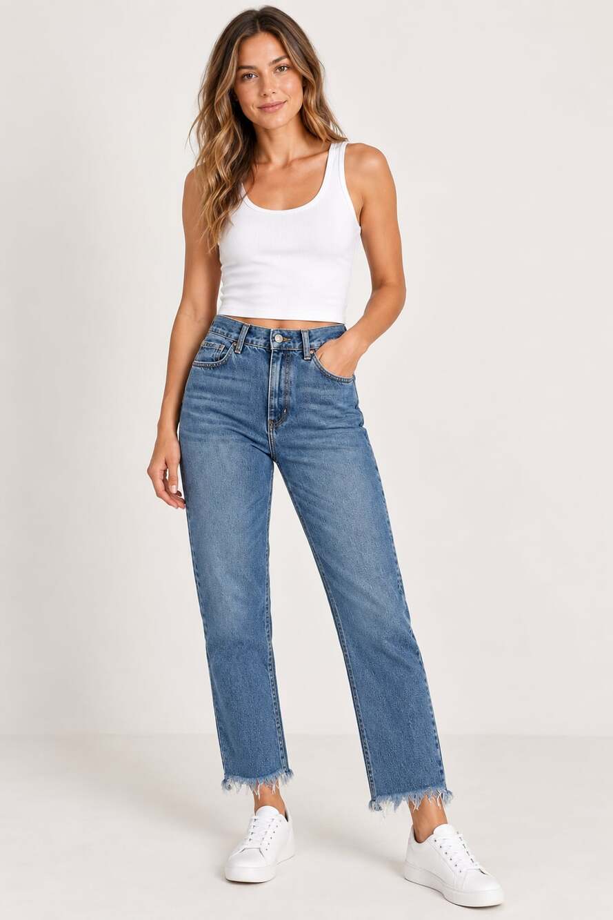 Pilcro and the Letterpress Straight Jeans Blue Distressed Hem